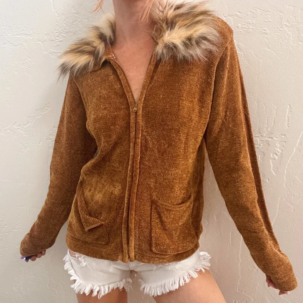 Vintage 1990's Tan Chenille Knit Fur Collar Zip Up Sweater - Picture 7 of 7